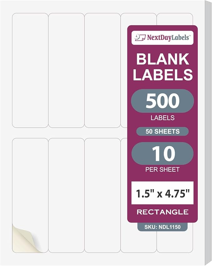 NextDayLabels 1.5x4.75 Inch Rectangle Stickers White Blank Labels for Laser Inkjet Printer - 10 Per Sheet Self-Adhesive Unique Size Label Made in USA - 500 Labels
