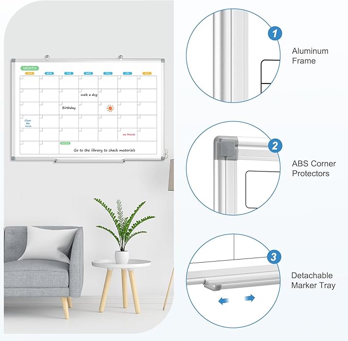 Dry Erase Board Calendar for Wall, 36" x 24" Magnetic Whiteboard Calendar, Monthly Calendar Whiteboard for Wall, Double-Sided Hanging Aluminum Frame White Board for Home, School, Office