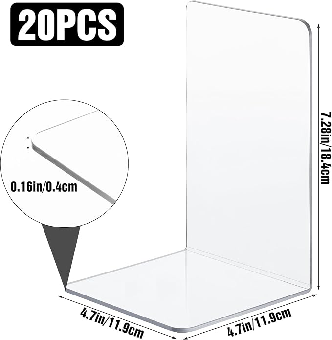 20 Pieces Book Ends, Clear Acrylic Bookends for Shelves, Heavy Duty Book Holders, Non Skid Decorative Bookends for School, Library, Bedroom, Office