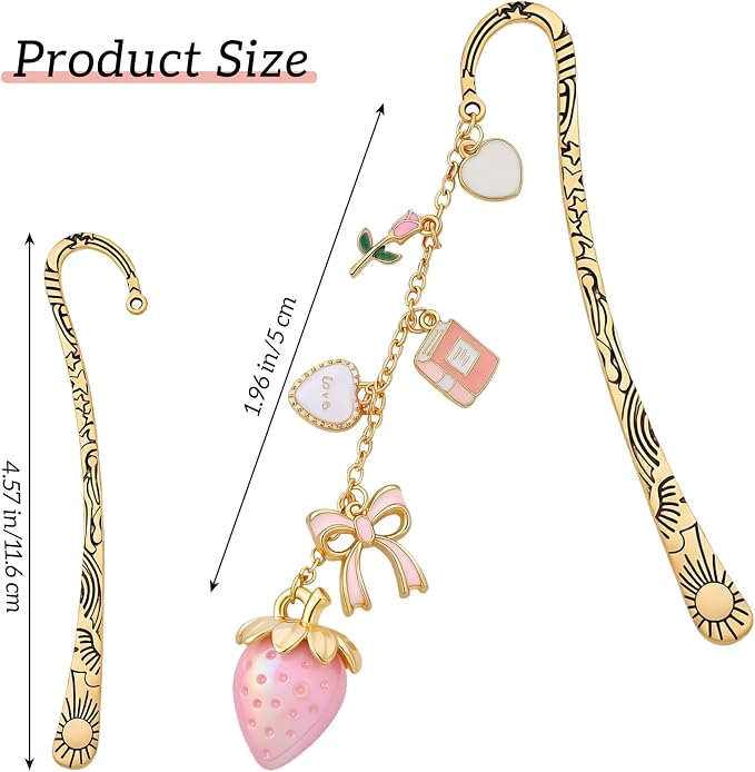 Cute Metal Bookmark Gifts - Gold Aesthetic Strawberry Bookmarks for Women Book Lovers Pink Bow Flower Charm Pandent Page Marks School Reading Accessories Bookish Birthday Graduation Gift