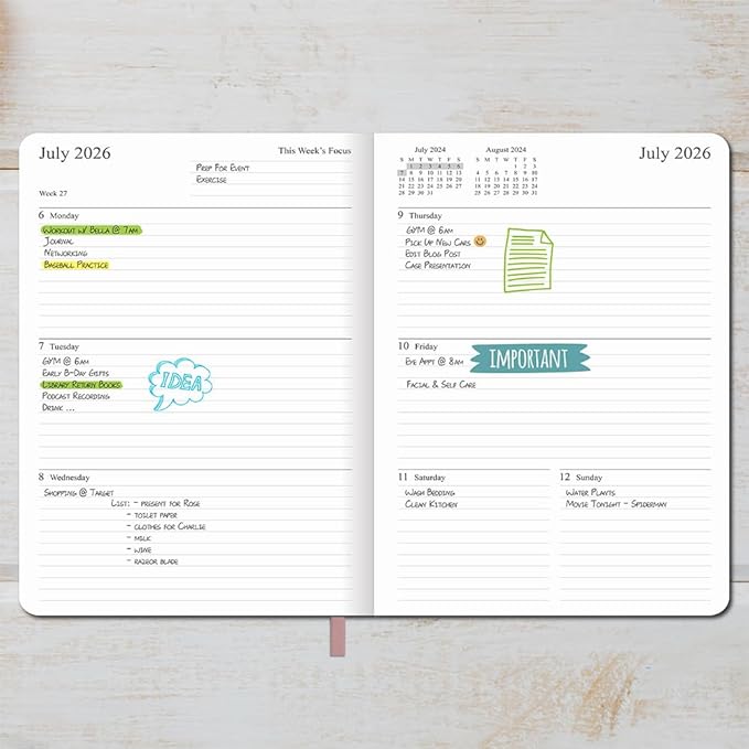 26-27 Academic Planner - Weekly and Monthly Planner, Jul 2026 - Jun 2027, Vegan Leather Cover, Elastic Closure, 7”x9.25”, Rose Gold