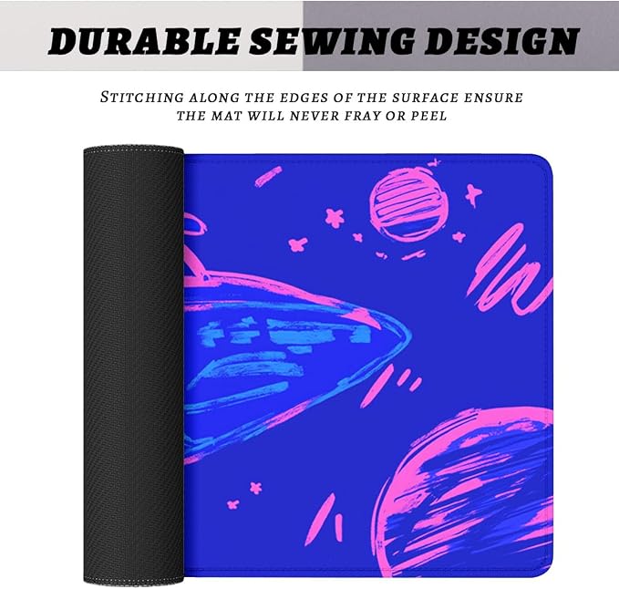 Cute Space Desk Pad Mouse Pad Cosmic Cat Neon Cartoon Extended Gaming Mousepad Mat with Stitched Edge Non-Slip Base Big Mousepad Office Home Decor for Women Girl 31.5"x11.8"