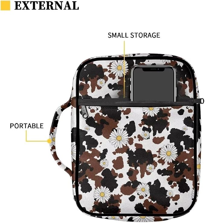 Coldinair Daisy Bible Cover for Women,Canvas Carrying Book Case Brown Cow Print Church Bag Bible Holder with Handle and Zippered Pocket