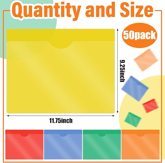 Kisston 50 Pack Heavy Duty Vinyl Plastic Folders with Clear Front Pocket File Jackets, Three Sided Closed, Letter Size Plastic Folders for Documents, 11.75 x 9.25 Inch (5 Colors)