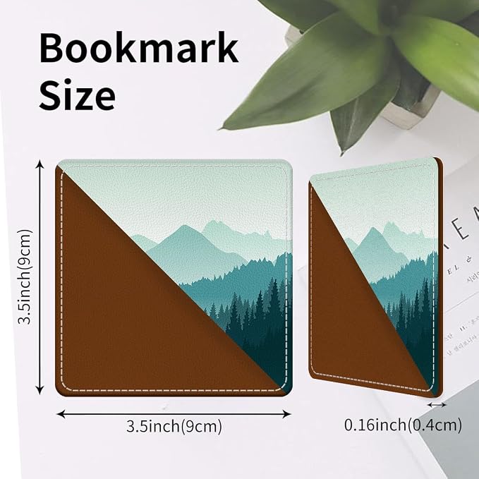 Cute Leather Bookmarks, Fun Triangle Making Corner Bookmark, Book Accessories for Reading Book Lovers, Unbreakable Page Markers for Women Men Beautiful Green Mountain