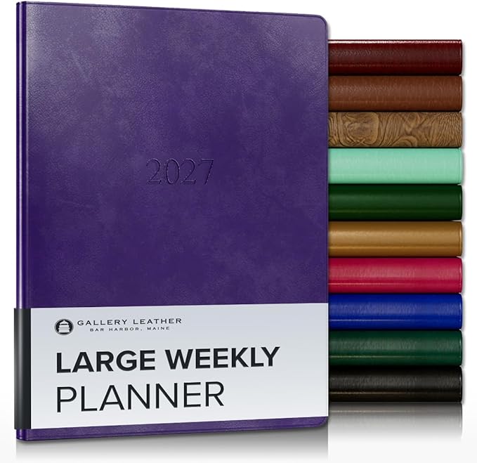 Gallery Leather Large Weekly Monthly Planner 2027, Elegantly Bound Calendar Planner and Notebook with Stylish Gold-Gilded Page Edges, 12 Months - Acadia Plum - 9.75x7.5"