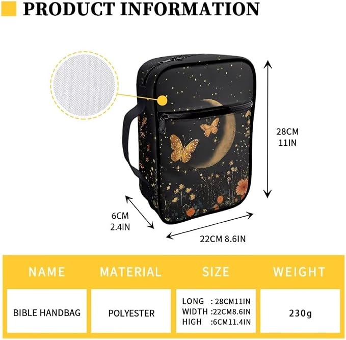 Coldinair Moon Butterfly Bible Cover for Women,Zippered Bible Carrying Case Bible Protective Bag with Handle,Floral Bible Case Holder for Girls