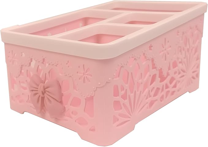 Pink Bow 4 Compartment Plastic Storage Caddy, Hollow Lace Divided Vanity Organizer Bin, Cute Pastel Pink Desktop Basket for Cosmetics Stationery Small Accessories (Bowknot B)