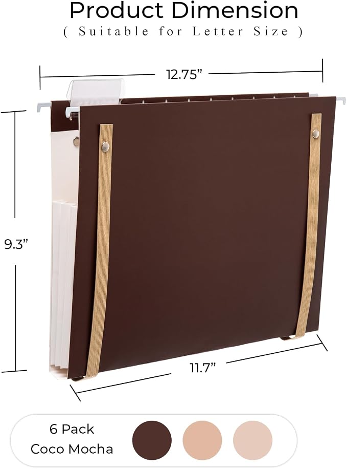 Y YOMA 6 Pack Extra Capacity Hanging File Folders with Handle Letter Size Accordion Decorative Reinforced File Folder Cute Colored Expandable Portable Folder with 1/5-Cut Adjustable Tabs, Coco Mocha