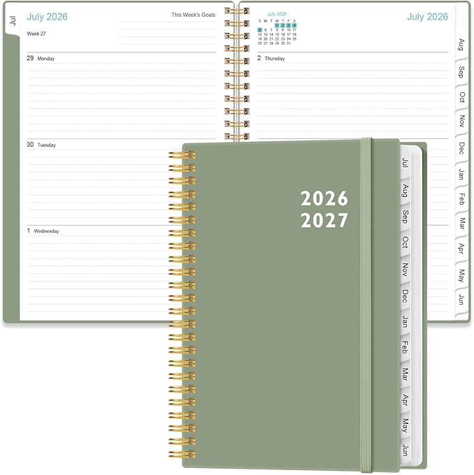 2026-2027 Planner - Weekly and Monthly Calendar Planner from Jul 2026 - Jun 2027, Planner 2026-2027 Spiral Bound with 12 Monthly Tabs, Inner Pocket, Perfect for School Office Supplies, 6.4" x 8.5", Green-C