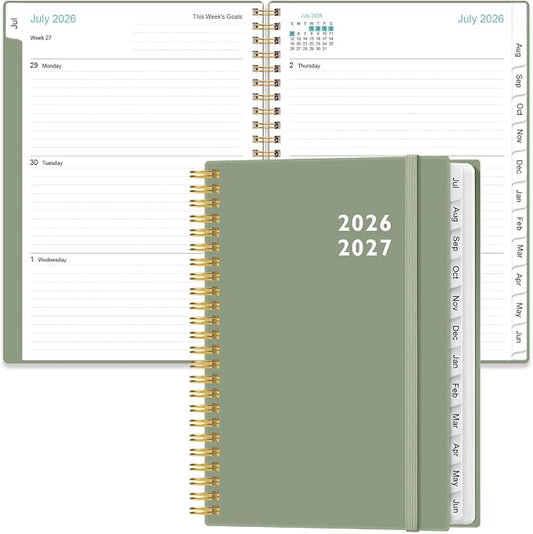 2026-2027 Planner - Weekly and Monthly Calendar Planner from Jul 2026 - Jun 2027, Planner 2026-2027 Spiral Bound with 12 Monthly Tabs, Inner Pocket, Perfect for School Office Supplies, 6.4" x 8.5", Green-C