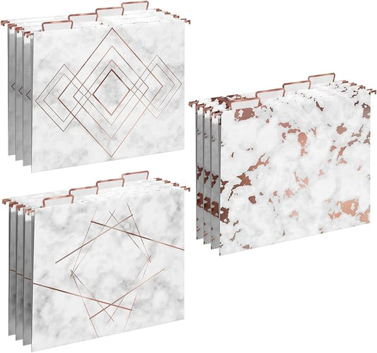Y YOMA 12 Pack Rose Gold Hanging File Folders Letter Size Decorative File Folder Cute Pretty Hanging Folder Organizer for Filing Cabinet Office Home with 1/5-Cut Adjustable Tabs, 3 Marble Design