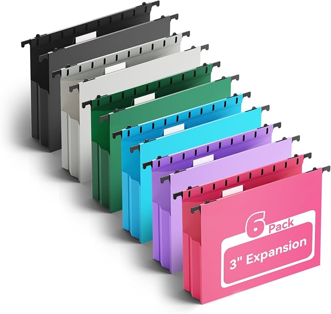 Ansook Plastic Hanging File Folders Letter Size, 3 inch Hanging Folders for Filing Cabniet, 6 Pack File Folders with Tabs, Hanging File Folder Organizers for School Office Home - Assorted Colors