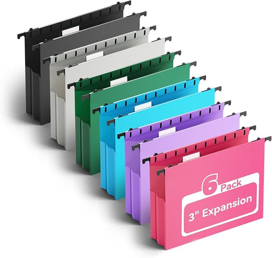 Ansook Plastic Hanging File Folders Letter Size, 3 inch Hanging Folders for Filing Cabniet, 6 Pack File Folders with Tabs, Hanging File Folder Organizers for School Office Home - Assorted Colors