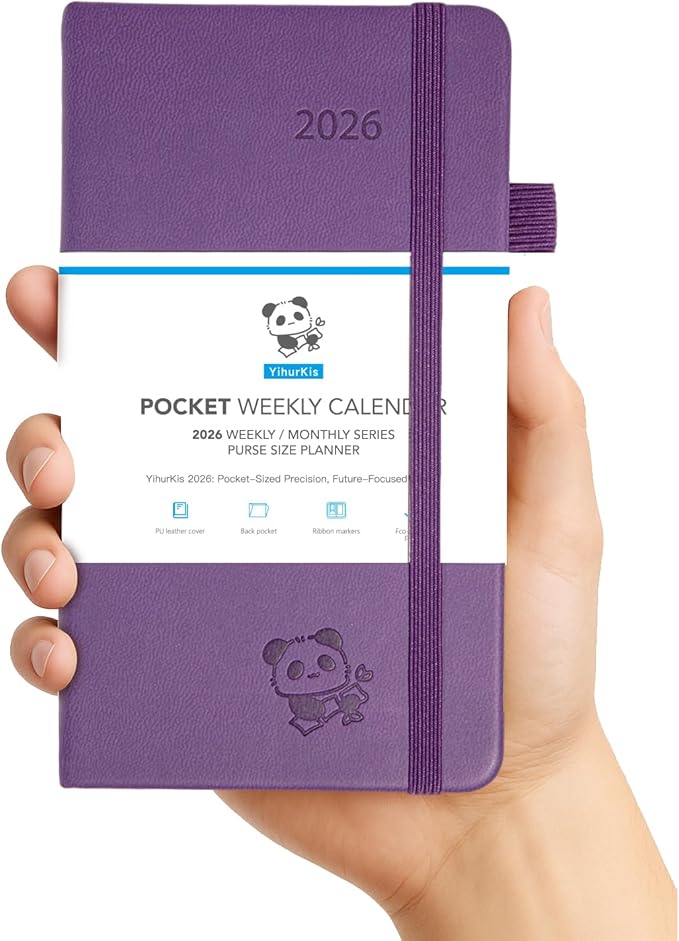 2026 Pocket Calendar by YihurKis - Weekly and Monthly Planner, 3.5'' x 6'', 2026 Purse Planner with Pen Holder, Leather Hard Cover, Inner Pocket For Men & Women - Purple