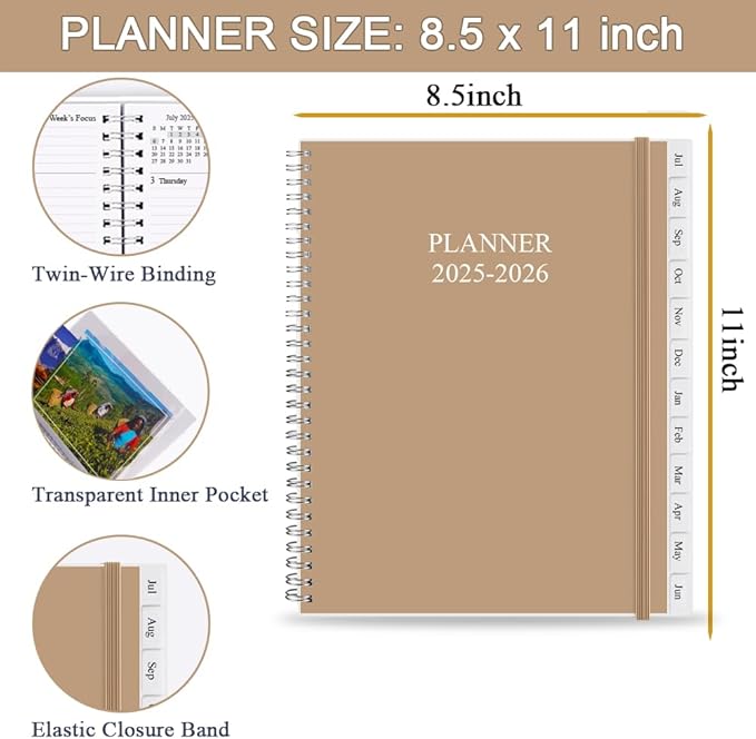 2025-2026 Planner - Planner 2025-2026 from July 2025 - June 2026, Monthly and Weekly Calender with 12 Tabs, 8.5" x 11", Brown