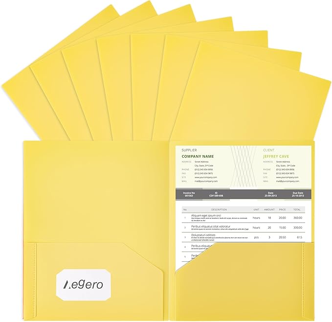 Aegero Plastic Folders with Pockets (7 Pack, Yellow), Durable Heavy Duty File Folders with Business Card Slot, 2-Pocket Folder for Schoolwork & Office,Letter Size