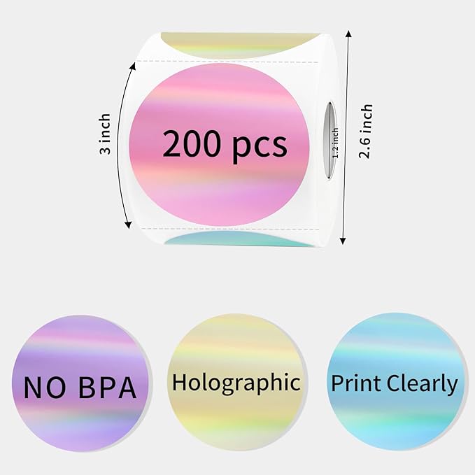 Thermal Label Printer Stickers, 3 Inch Round Holographic Thermal Label Sticker, Circle Holographic Direct Printer Stickers, Perforation Line Design/ 4 Colors