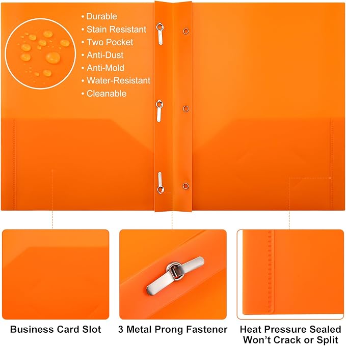Cholemy 72 Packs Pocket Folders with Prongs Heavy Duty Plastic Folder with Business Card Slot 3 Prong Fasteners for School Office (Bright)