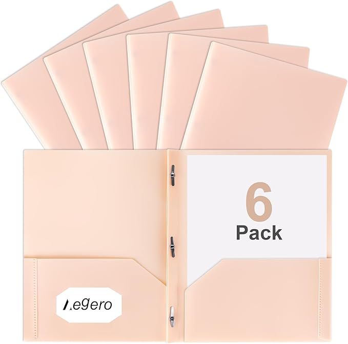 Aegero Folders with Pockets and Prong with Fasteners (6 Pack,Light Orange),Durable Plastic Pocket Folders with Prongs,Tear Resistant,2 Pocket 3 Prong Folders for Schoolwork & Office,Letter Size