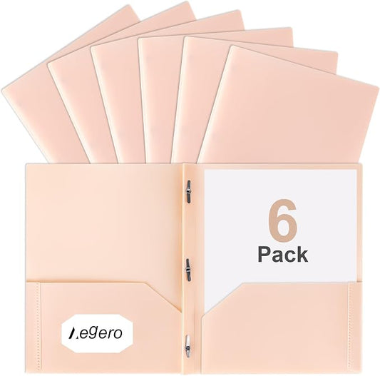Aegero Folders with Pockets and Prong with Fasteners (6 Pack,Light Orange),Durable Plastic Pocket Folders with Prongs,Tear Resistant,2 Pocket 3 Prong Folders for Schoolwork & Office,Letter Size