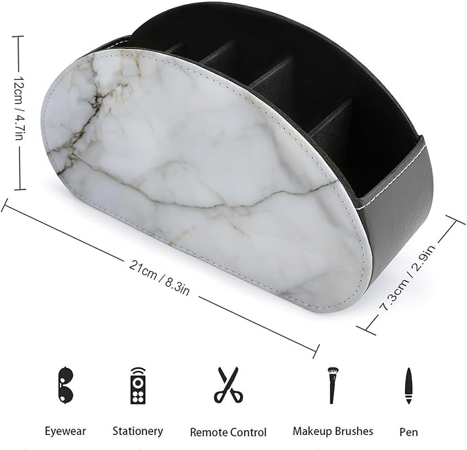 White Marble Texture with Gray Veining Remote Control Holder with 5 Compartments Leather TV Remote Caddy Remote Storage Box Desktop Organizer for Pen/TV Remotes/Media Controllers/Office Supplies