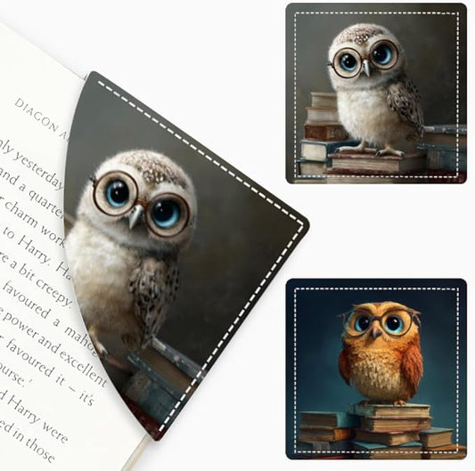 2PCS PU Leather Bookmarks 3.5x3.5 Inch Owl with Glasses Book Design | PU leather bookmarks for books with cute owl glasses design for classroom reading, library study, young readers and teachers.
