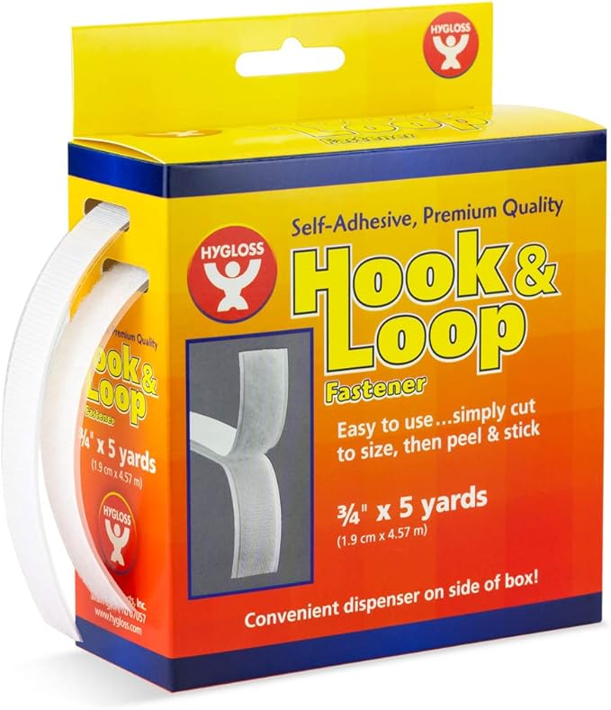 Hygloss Products Self Adhesive Strips - 15 Feet x 3/4 Inch Hook and Loop Fastener Sticky Back Tape With Dispenser, White