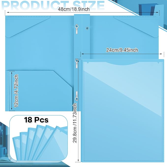 Henoyso 18 Pcs Plastic Folder with Clear Front Pocket and 3 Prong Plastic Folders with Card Slot Pocket Folders with Prongs for School Office (Light Blue)