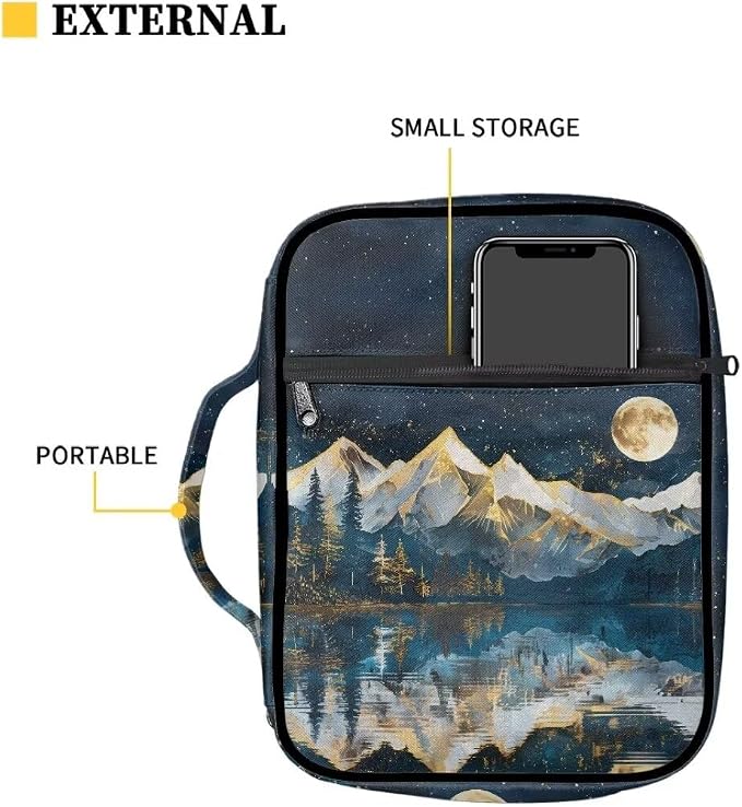 Coldinair Snow Mountain Moon Bible Covers Bag for Men Women,Durable Carrying Book Case Church Bag Bible Holder with Handle and Zippered Pocket