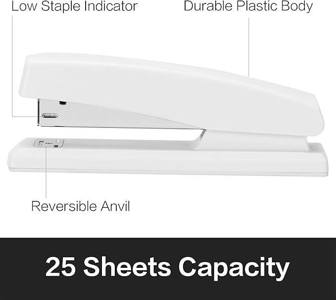 Deli Stapler, Desktop Stapler, Office Staplers, 25 Sheet Capacity, Includes 1000 Staples and Staple Remover, White
