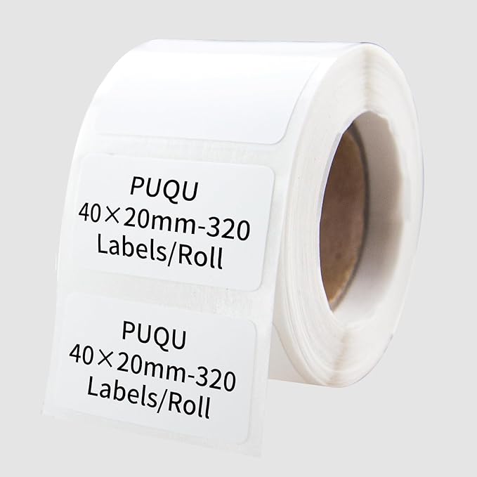 PUQU 40x20mm Direct Thermal Sticker Labels, Self-Adhesive All-Purpose Label Maker Tape, Compatible with AQ Series Label Printer, Refills Standard Laminated Office Labeling, 1 Roll of 320 Labels