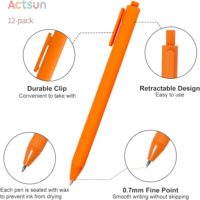 Actsun Colored Gel Pens, 12 Pcs Retractable Pastel Ink Colors, Cute Pens 0.7mm Fine Point Quick Drying for Writing Drawing Journaling Note Taking School Office Home