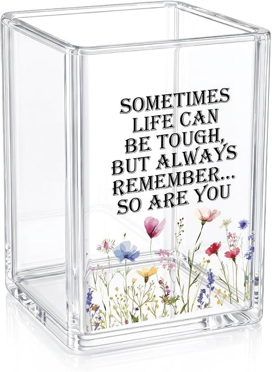 Clear Acrylic Makeup Brush Holder & Pen Holder for Desk - Wildflower Aesthetic Pencil Cup with Motivational Quote - Cute Workspace Organizer, Self-Care Desk Accessories, Gift for Her, Girl Boss