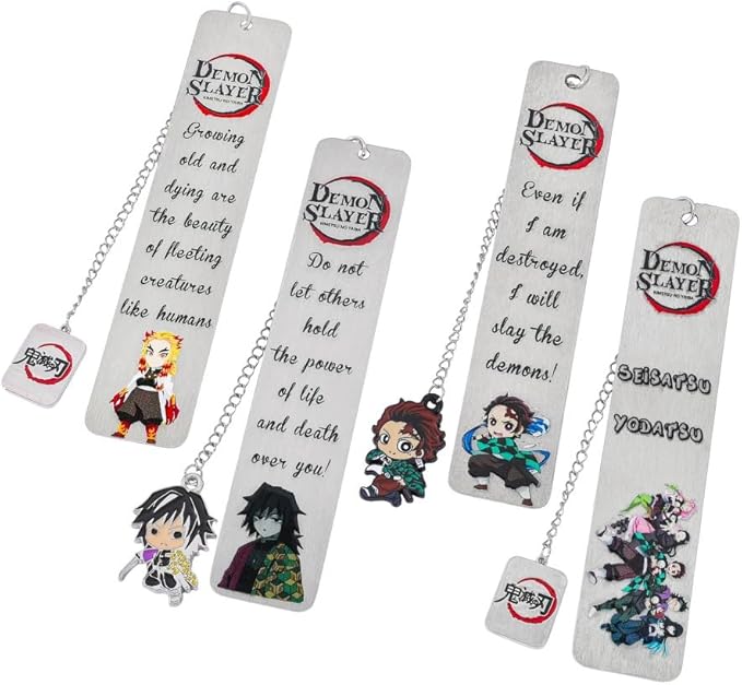 Demon Kamado Bookmark Page Mark, Anime Tanjiron Zenitsu Giyuu Kyoujurou Figure Hollowed-Out Metal Book Mark Reading Tool, Stationery Gifts for Reading Lovers Bookworm (4pcs)