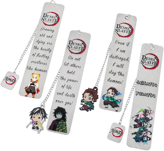 Demon Kamado Bookmark Page Mark, Anime Tanjiron Zenitsu Giyuu Kyoujurou Figure Hollowed-Out Metal Book Mark Reading Tool, Stationery Gifts for Reading Lovers Bookworm (4pcs)
