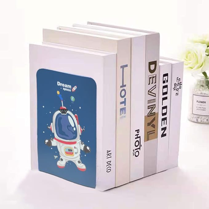 8-Piece Metal Bookends for Kids - Non-Skid Heavy Duty Astronaut Design (5.3 x 4 x 7.5 inches)