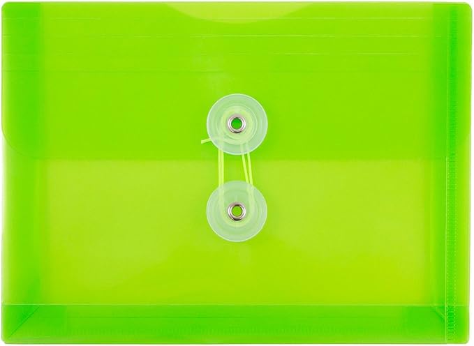 JAM PAPER Plastic Envelopes with Button & String Tie Closure - Index Size - 5 1/2 x 7 1/2 - Lime Green - 12/Pack