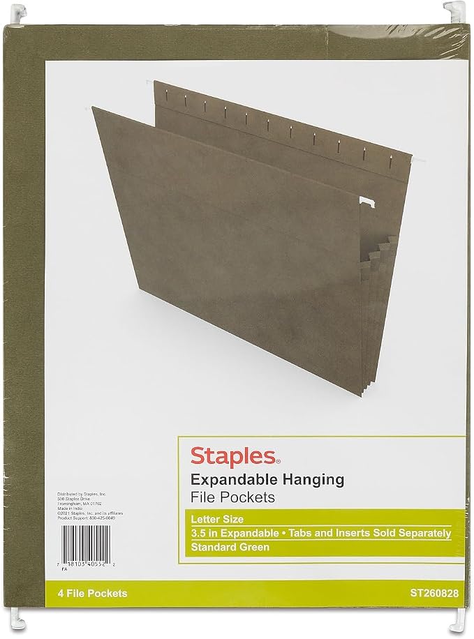 Staples Hanging File Pockets, Letter Size, 3.5" Expansion, Straight‑Cut, Standard Green – 12/Carton