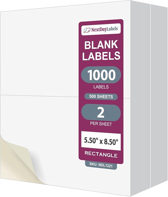 NextDayLabels 8.5x5.5 Half Sheet Stickers White Blank Labels for Laser Inkjet Printer - 2 Per Page Self-Adhesive Shipping Packaging Product Made in USA - 1000 Labels