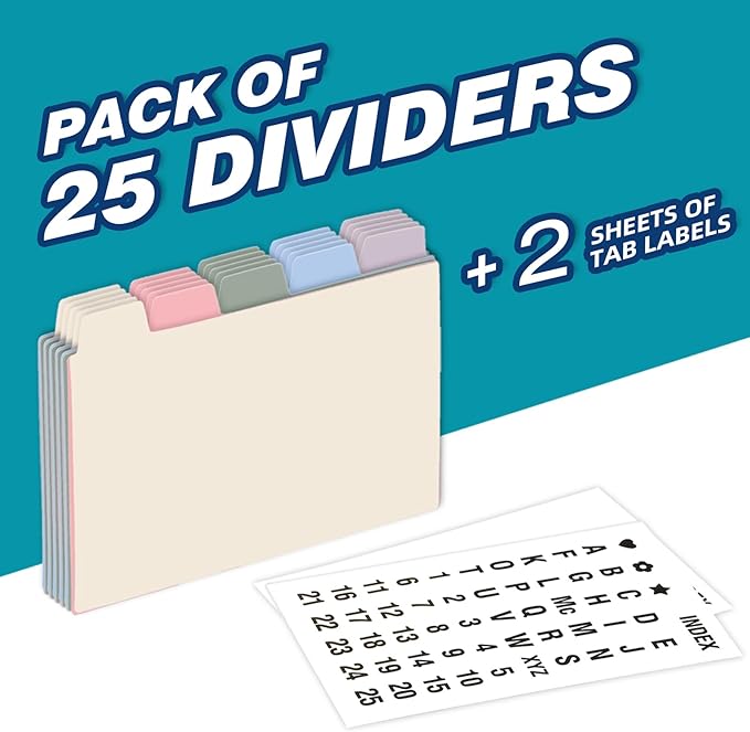 Chell 4x6 Plastic Index Card Dividers, Morandi Colors, Heavyweight Poly Index Card Guides A-Z, with Alphabetical/Blank Stickers, Pack of 25