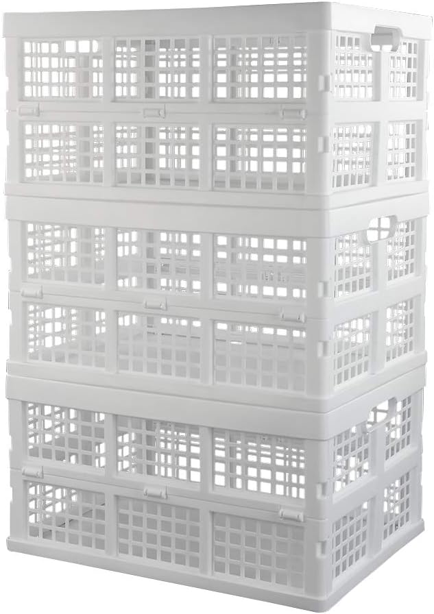 Asking 3-Pack 30 L Plastic Stacking Collapsible Crate, Folding Storage Crate, White