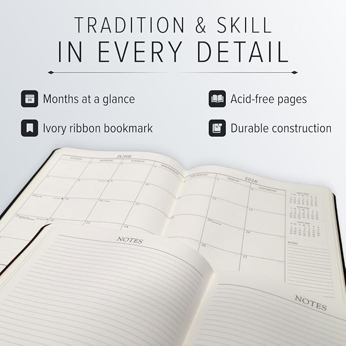 Gallery Leather Large Monthly Planner 2025-2026, Elegantly Bound Calendar Planner and Notebook with Stylish Gold-Gilded Page Edges, 18 Months - Tremont Garnet - 9.75x7.5"