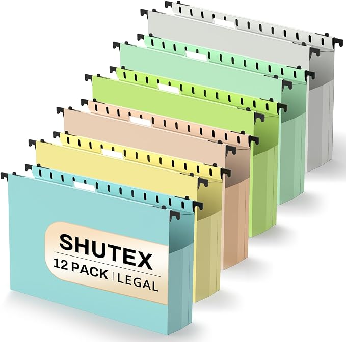 SHUTEX Extra Capacity Plastic Hanging File Folders,12 Pack Reinforced Expanding Hang Folder Legal Size,Accordian Pocket,Heavy Duty 2 Inch Expansion,Hanging Folder Organizer for Office Home, Pastel