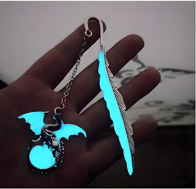 Vintage Feather Dragon Metal Bookmark, Glow in The Dark Dragon Gift, Fantasy Bookmark Gifts, Cool for Women Men, Reading Lovers (Antique Silver Dragon)