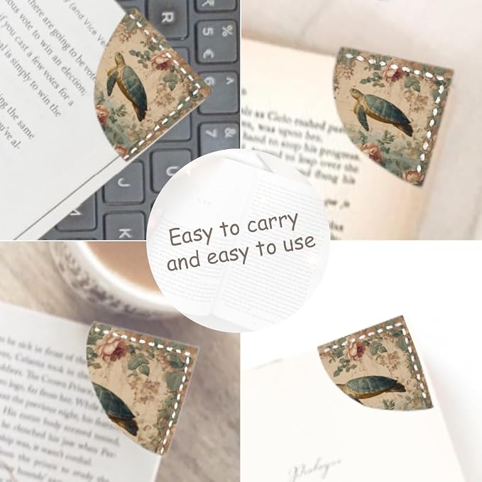 2PCS PU Leather Bookmarks 3.5x3.5 Inch Turtle Floral Garden Design | PU leather bookmarks for books with turtle floral garden design for nature journals, reading clubs and animal lovers.