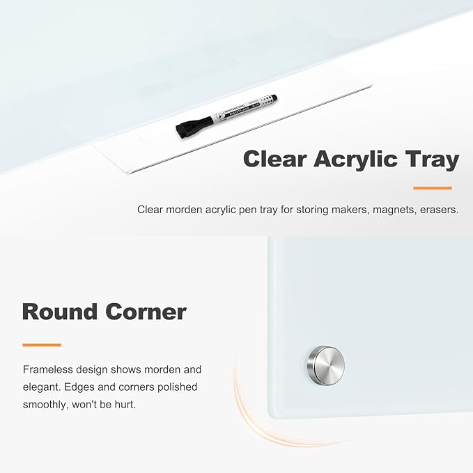 Glass Magnetic Dry Erase Board, 36" x 24" Tempered Glass Whiteboard Wall Mounted White Board for Home, Office, School, 1 Acrylic Pen Tray