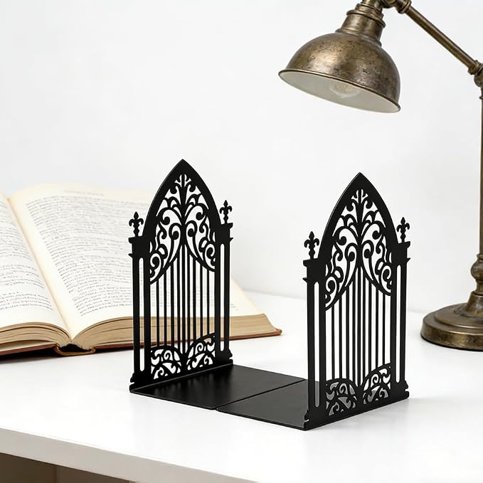 Book Ends, Bookends, Book Ends for Shelves, 3 Pair Non Skid Metal Book Divider Decorative Holder, Abstract Art Desgin Book Stopper Supports for Office, Home (3 Pairs Gothic Bookends)