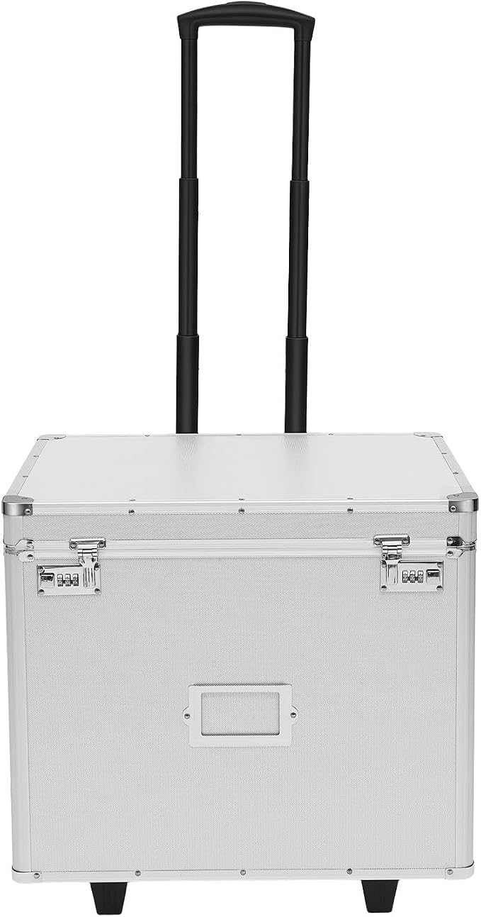 Rolling File Box with Telescopic Handle, Locking File Cabinet with Lock, Files Cart with Wheels, Mobile Business Case, Aluminum Alloy Hand Pull File Case for Home, Office, Bank - Silver