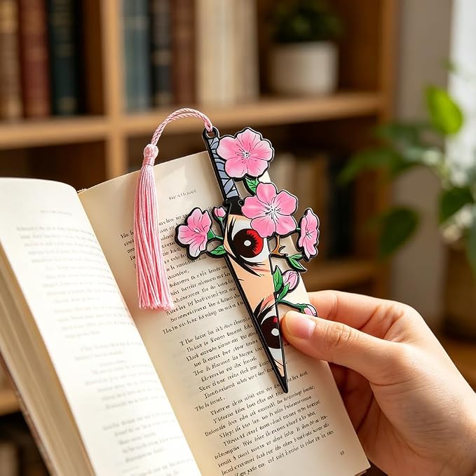 4-Piece Demon Slayer Metal Bookmark Set, Tanjiro Nezuko Zenitsu Hashira Themed Sword Book Marks with Cherry Blossom & Tassel, Cool Anime Eye Bookmarks Gift for Anime Fans, Book Lovers(4pc)